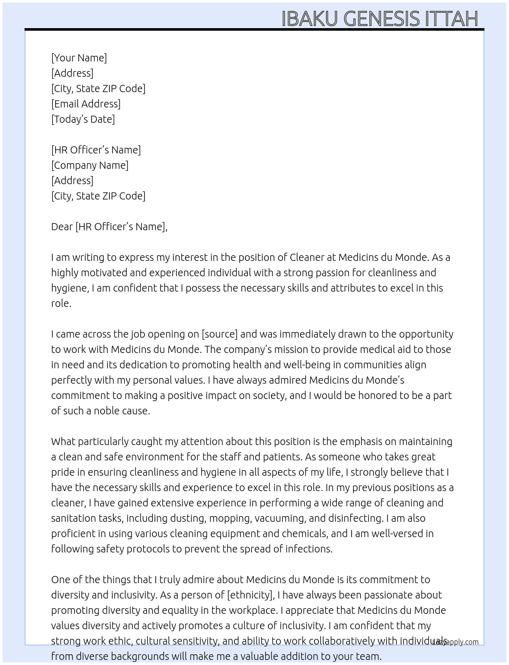 Cleaner At Medicins du Monde Cover Letter