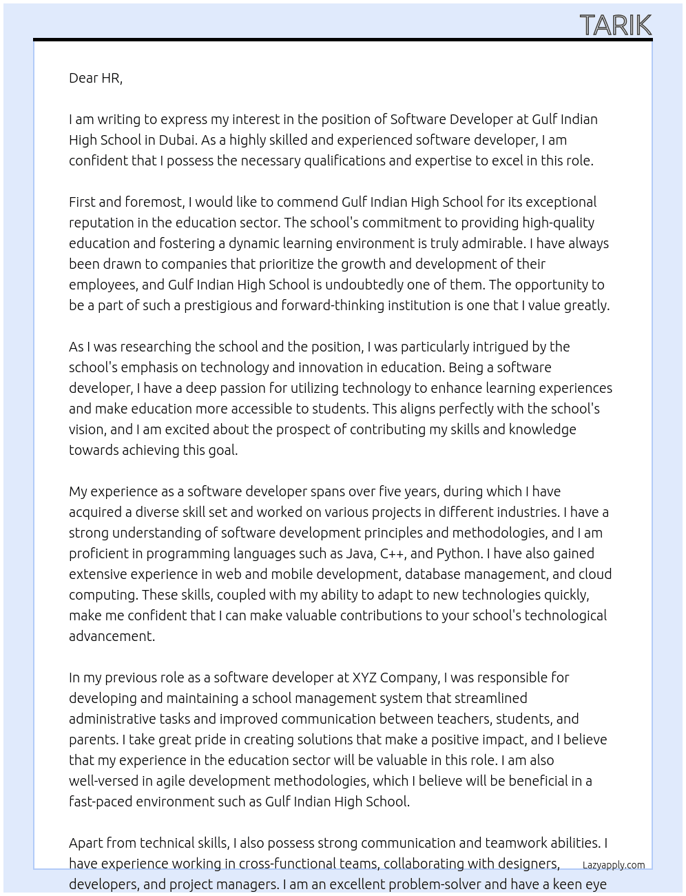 software developer At Gulf Indian High School, Dubai Cover Letter