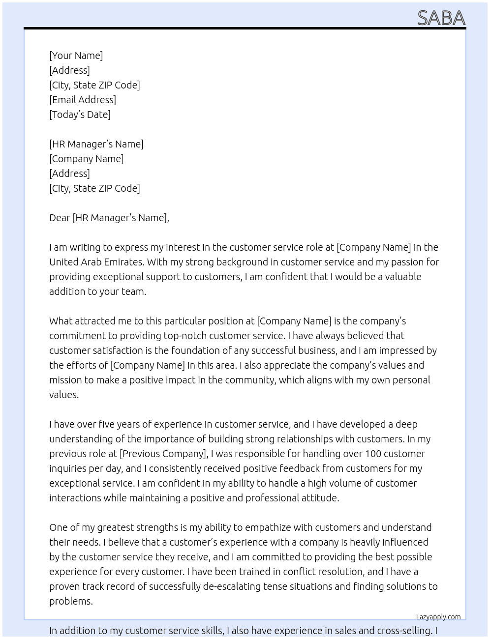 customer service role At united arab emirates Cover Letter