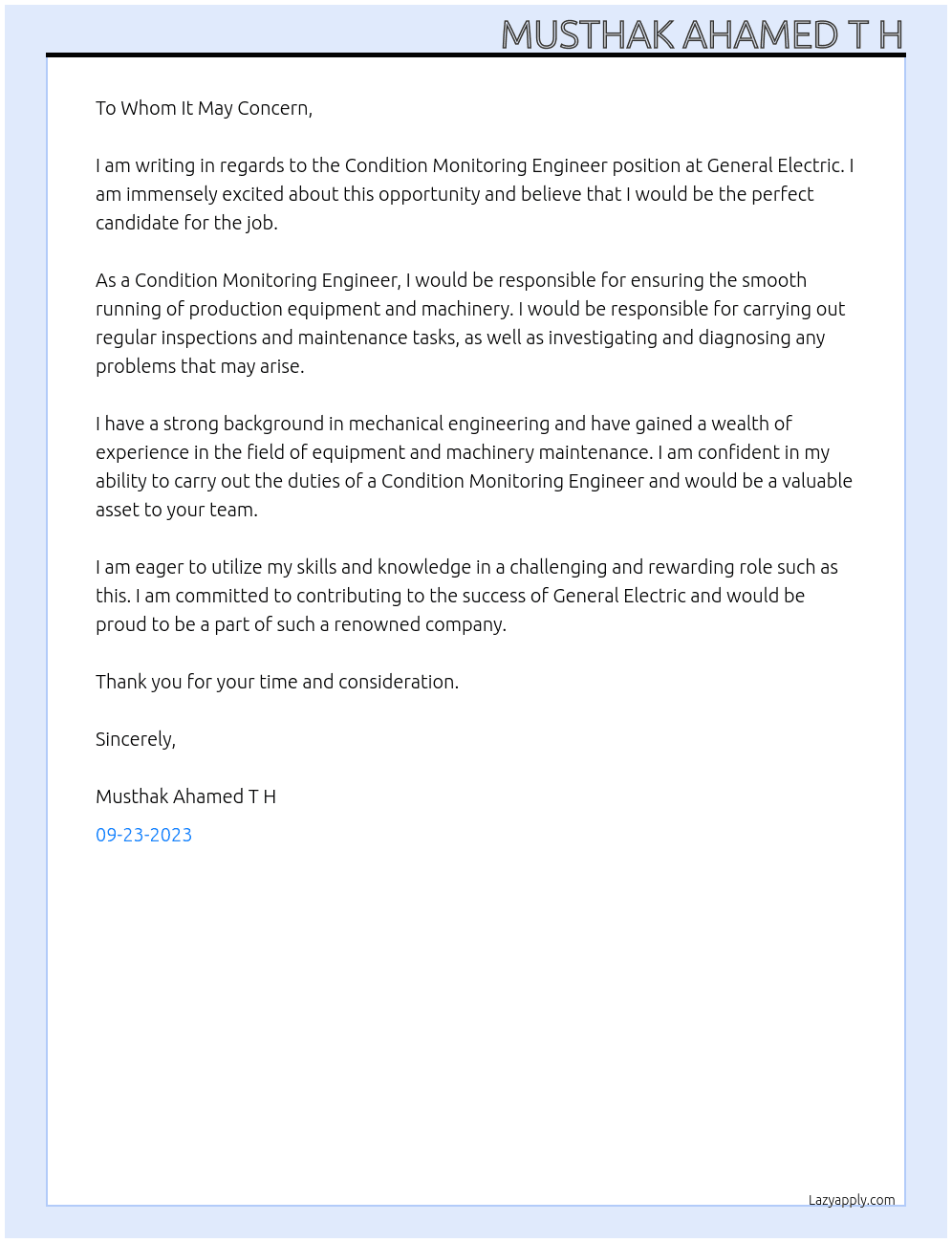 Condition monitoring engineer At General Electric Cover Letter