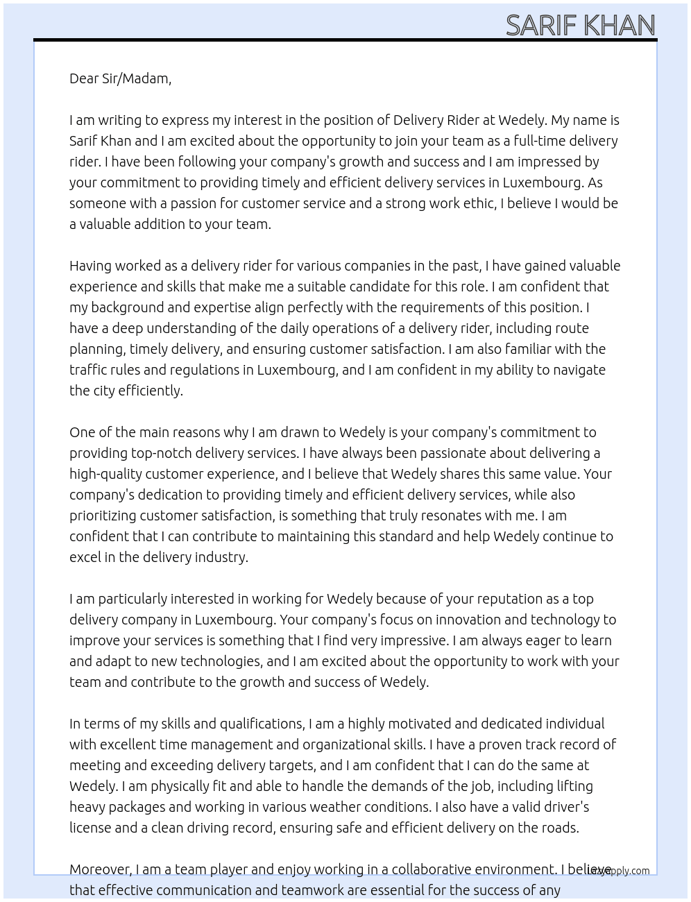 Delivery rider At Wedely Cover Letter