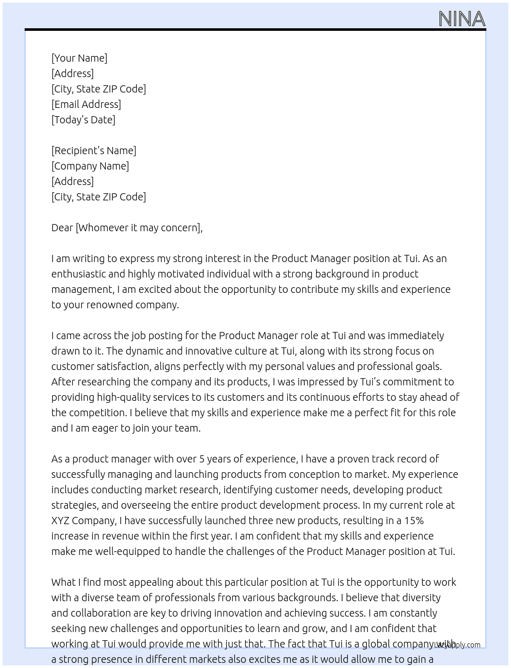 Product manager At Tui Cover Letter