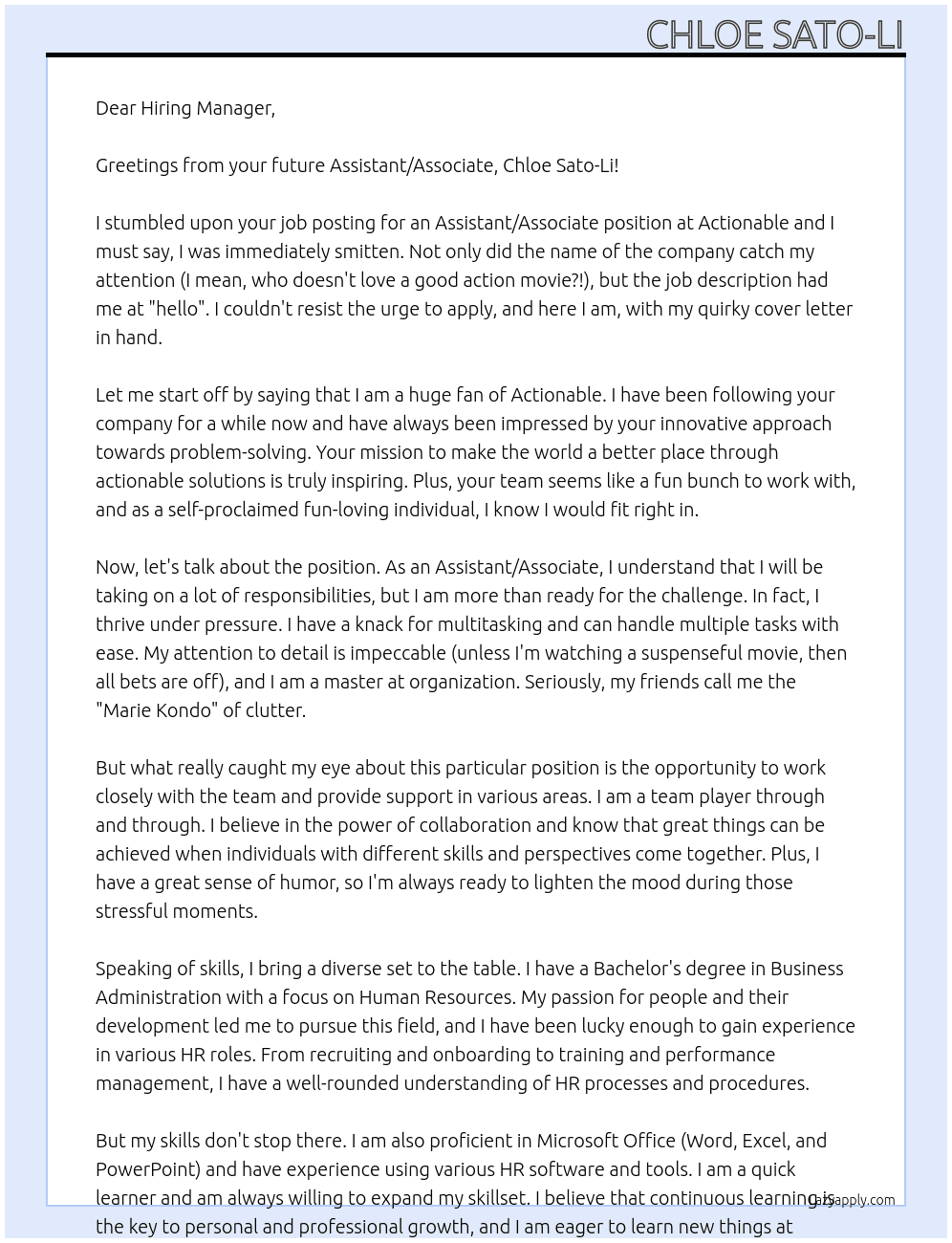 Assistant/ Associate At Actionable Cover Letter