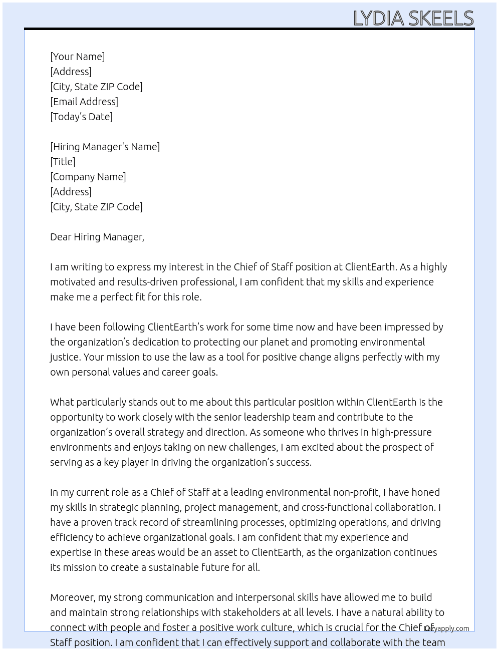 Chief of Staff At ClientEarth Cover Letter