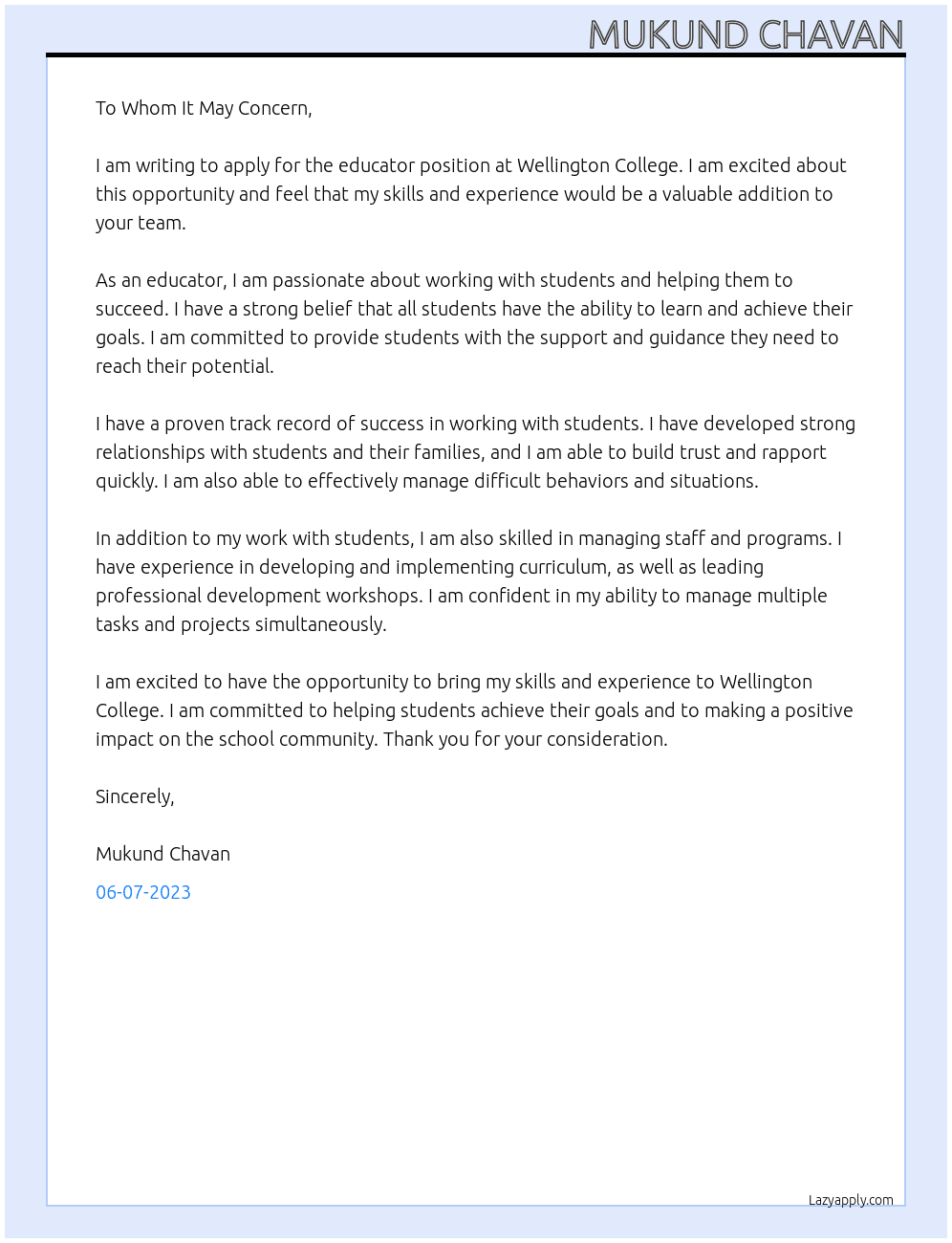 ducator At wellington college  Cover Letter