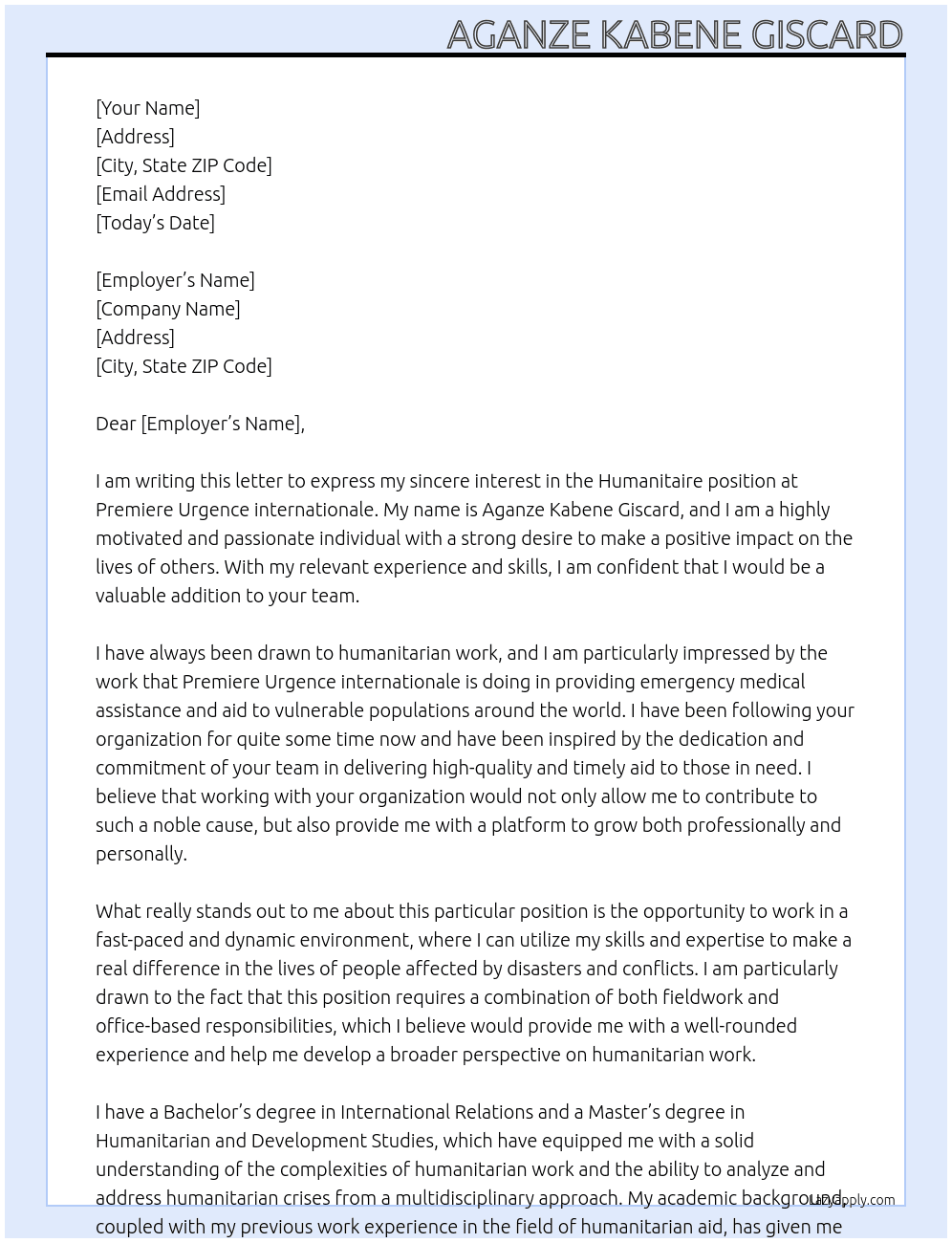 Humanitaire At Premiere Urgence internationale Cover Letter