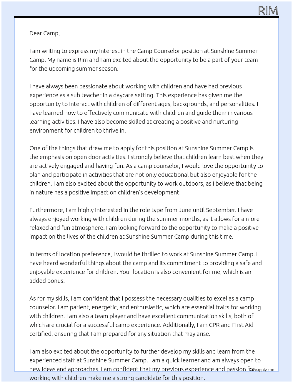Camp counselor  At Sunshine summer camp Cover Letter