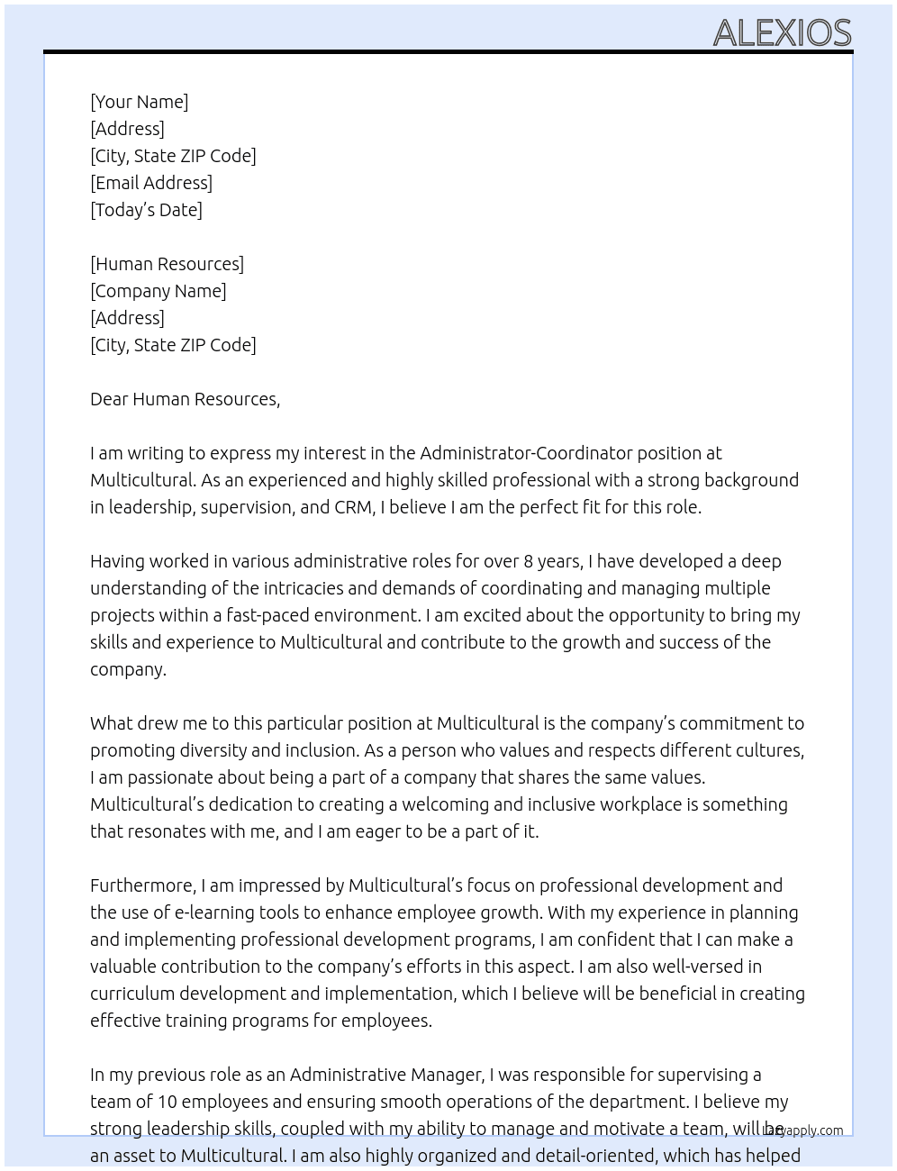 Administrator-Coordinator At Multicultural Cover Letter