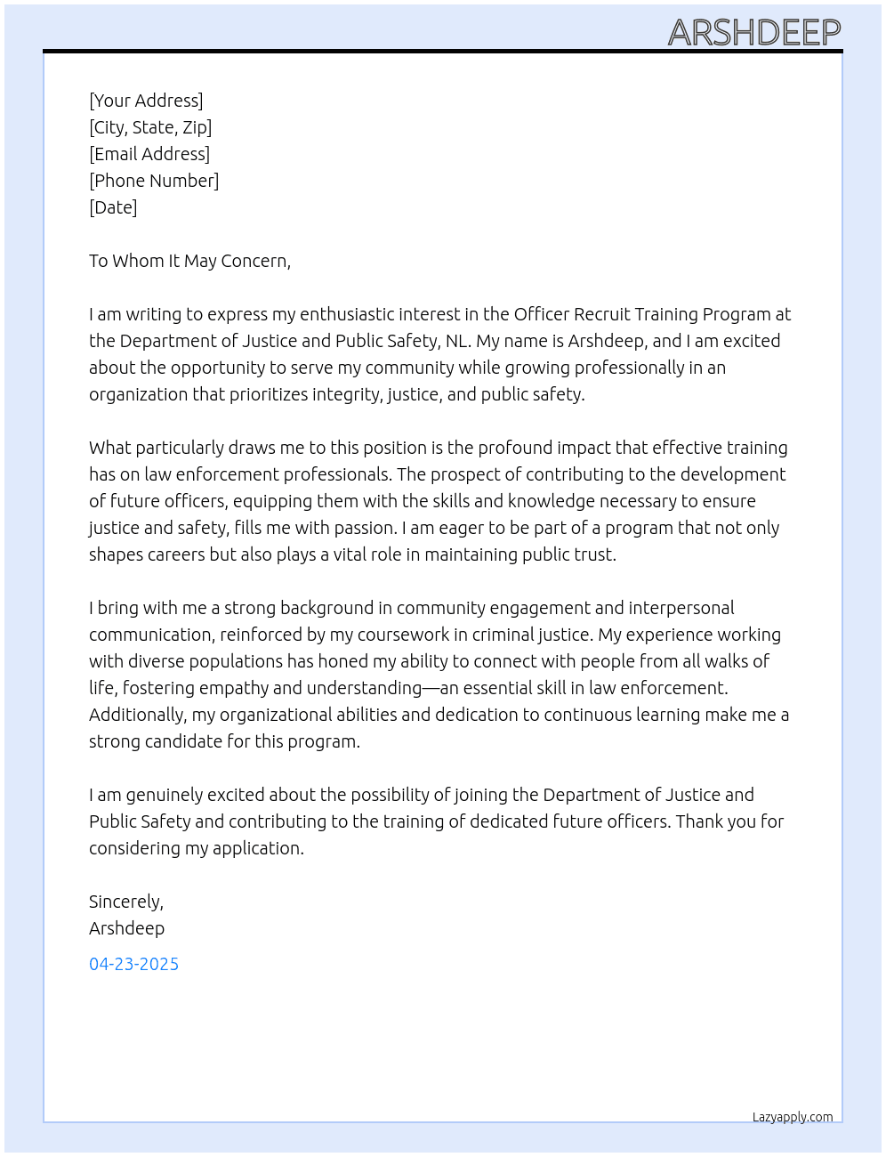 Cover letter for officer recruit training program - LazyApply
