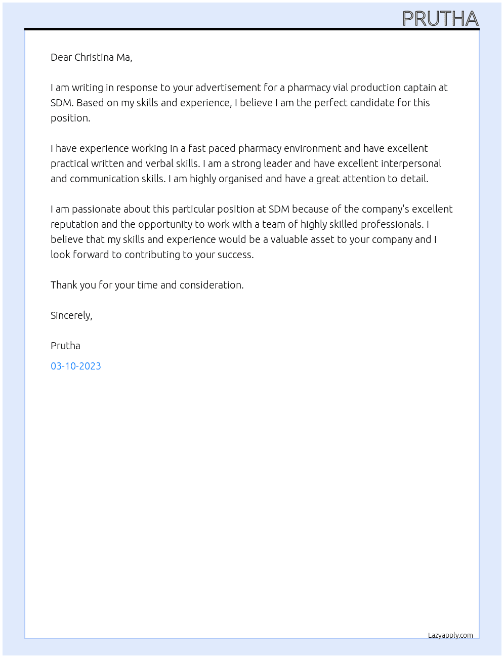 Pharmacy Vial Production Captain At SDM Cover Letter