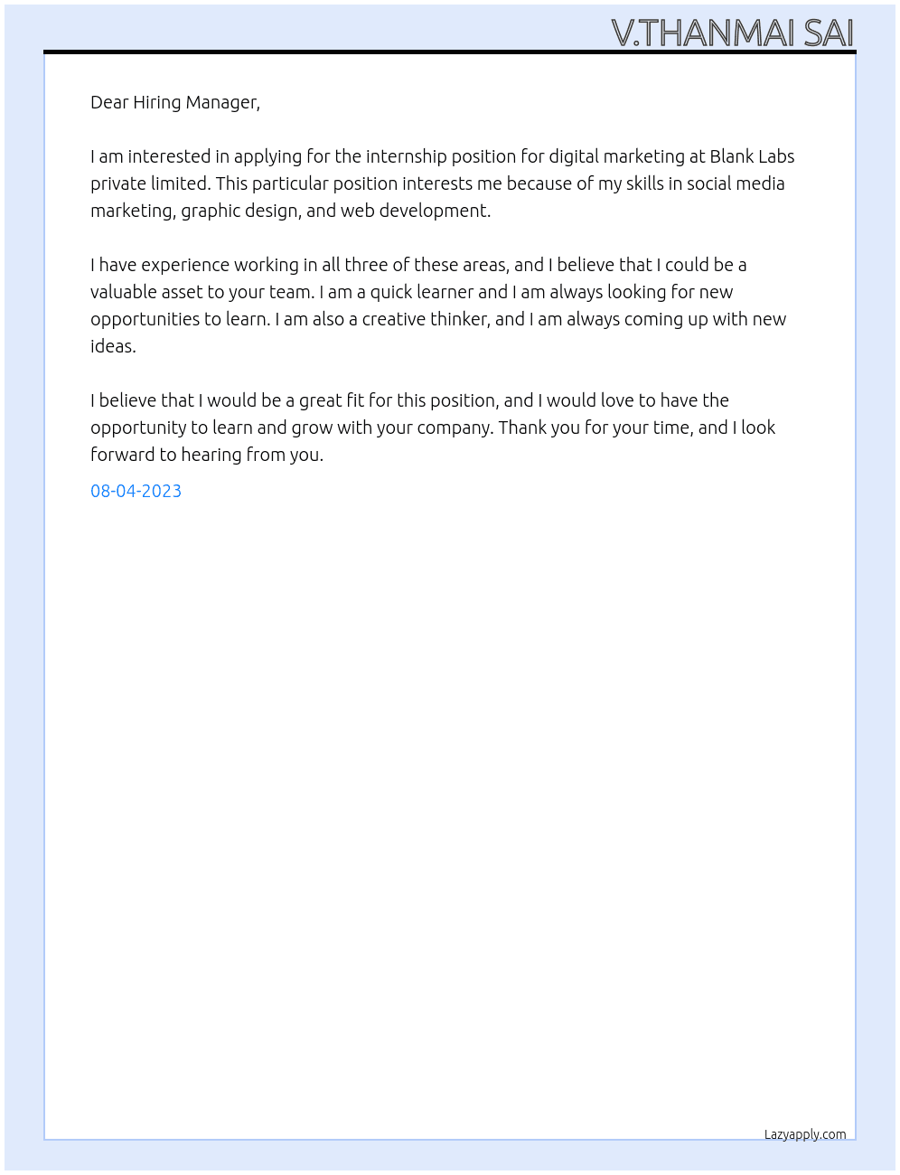 Internship for digital marketing  At Blank Labs private limited  Cover Letter