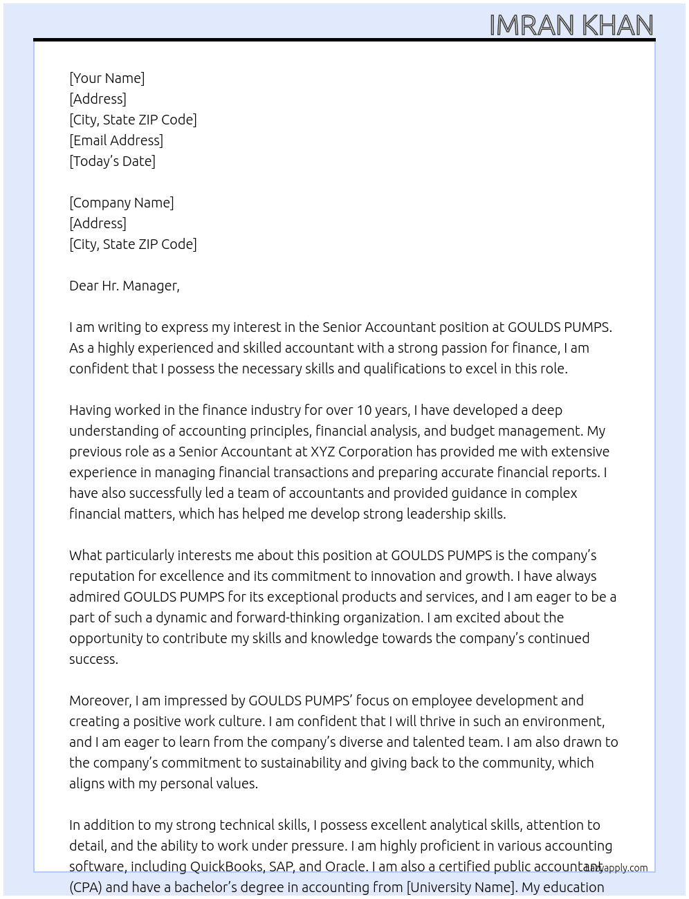 Senior Accountant  At GOULDS PUMPS Cover Letter