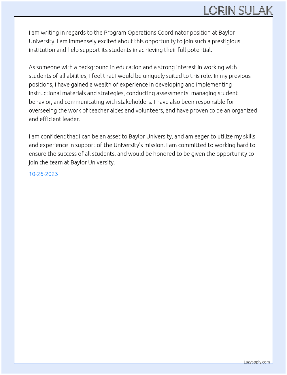 Program Operations Coordinator At Baylor University Cover Letter