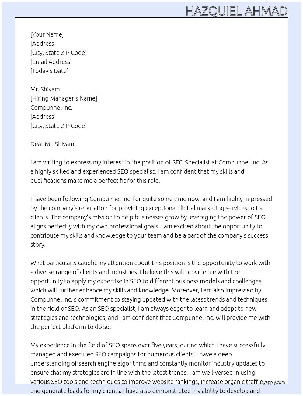 SEO specialist At Compunnel inc Cover Letter