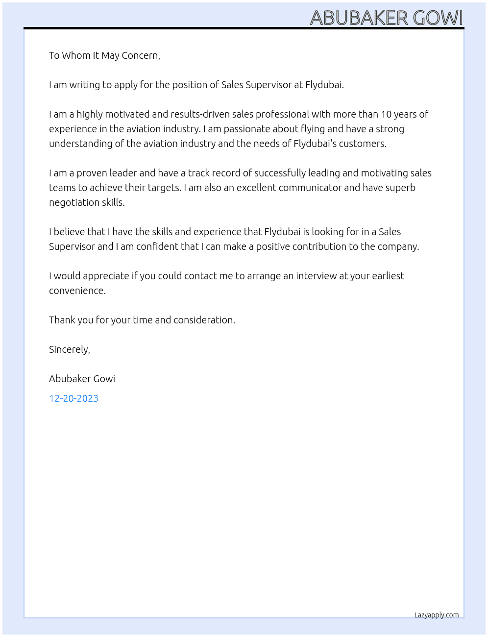 SALES SUPERVISOR  At FLYDUBAI Cover Letter