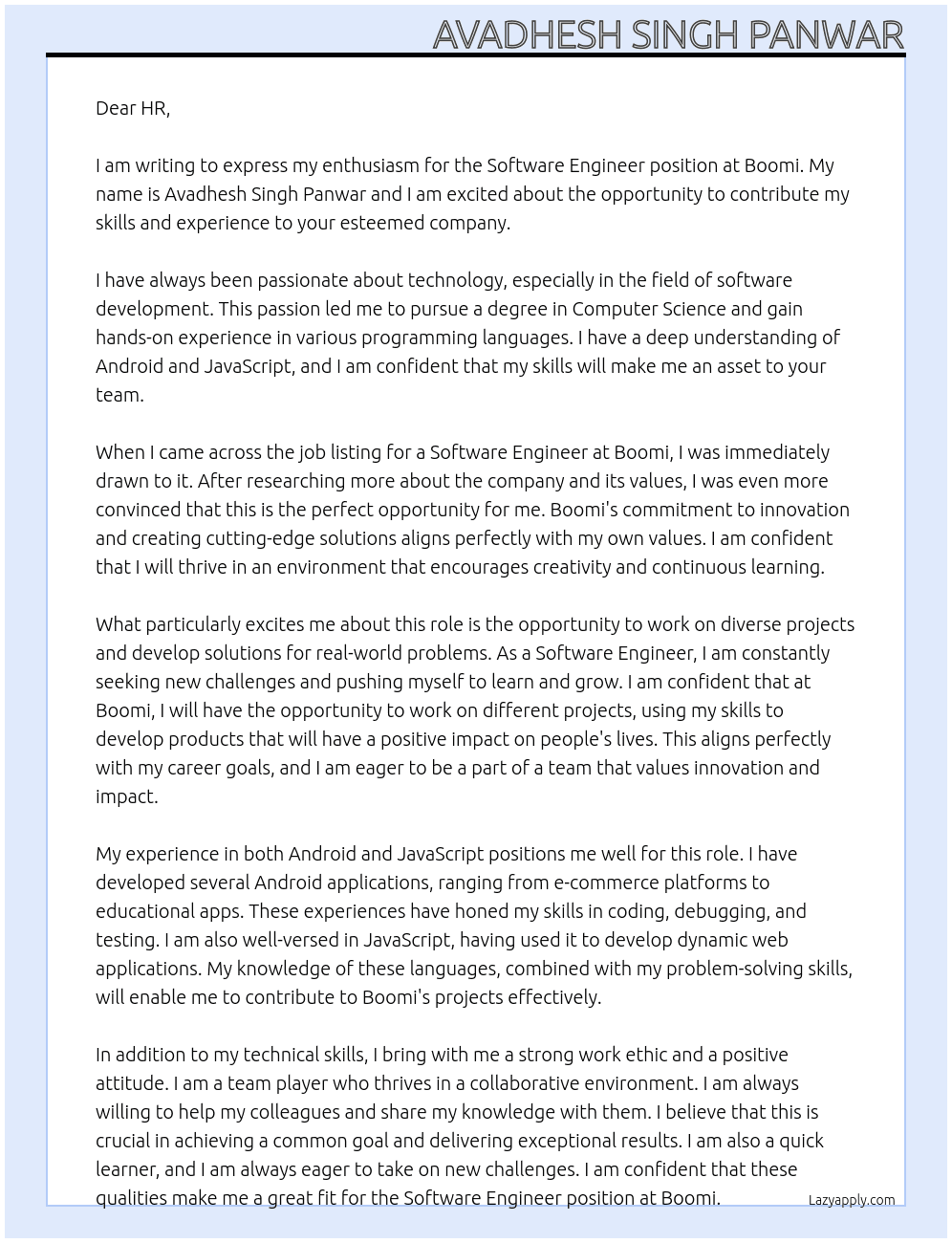 Software Engineer At Boomi Cover Letter