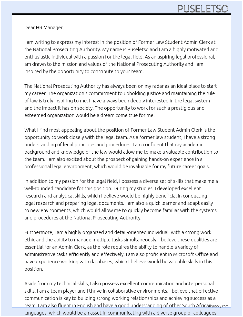 Former law student Admin Clerk At National Prosecuting Authority Cover Letter