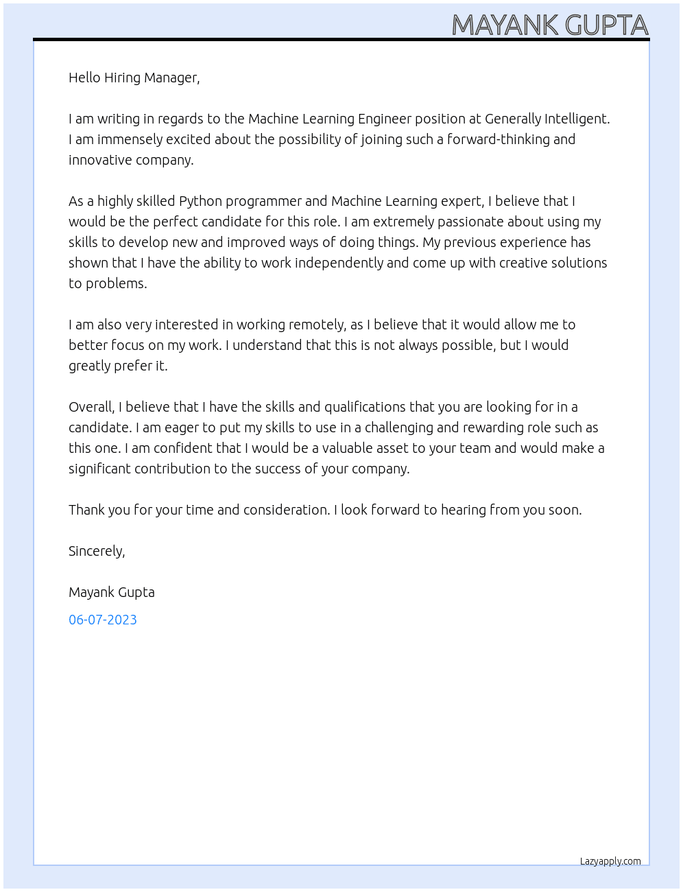 Machine Learning Engineer At Generally Intelligent Cover Letter