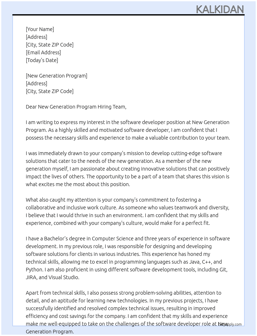 software developer  At new generation program Cover Letter