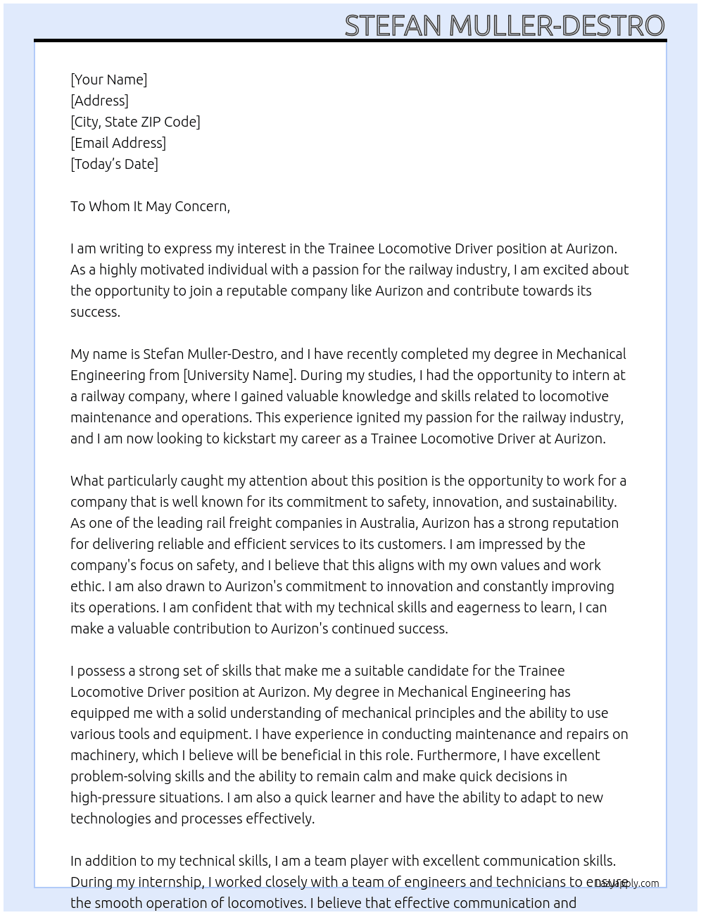 Trainee Locomotive Driver At Aurizon Cover Letter