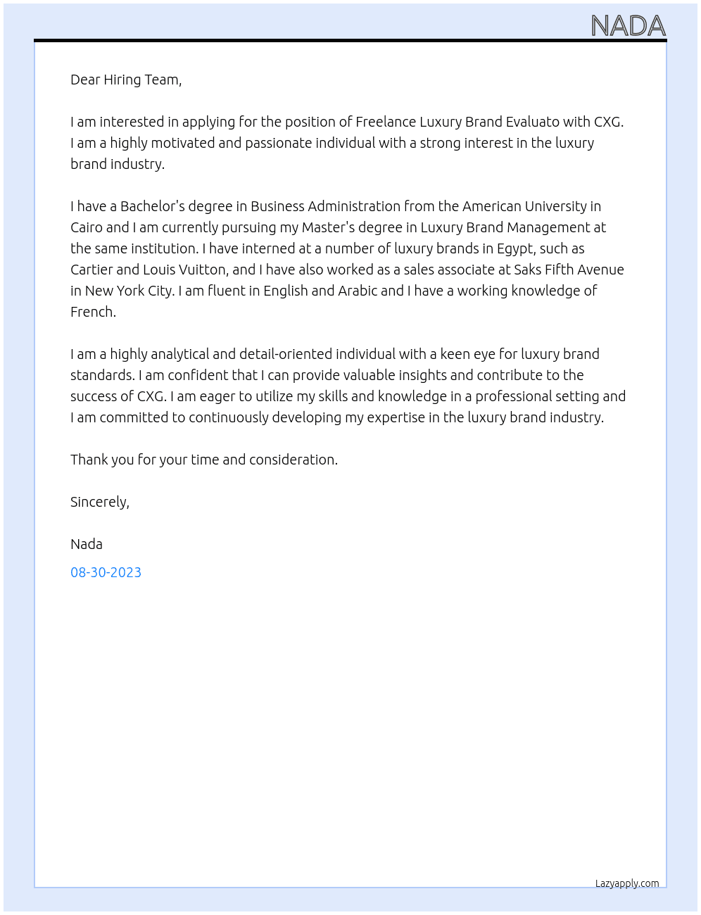 Freelance Luxury Brand Evaluato At CXG Cover Letter