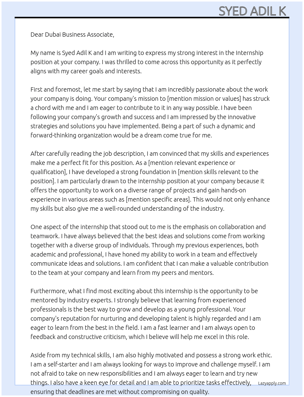 Internship At Internship Cover Letter