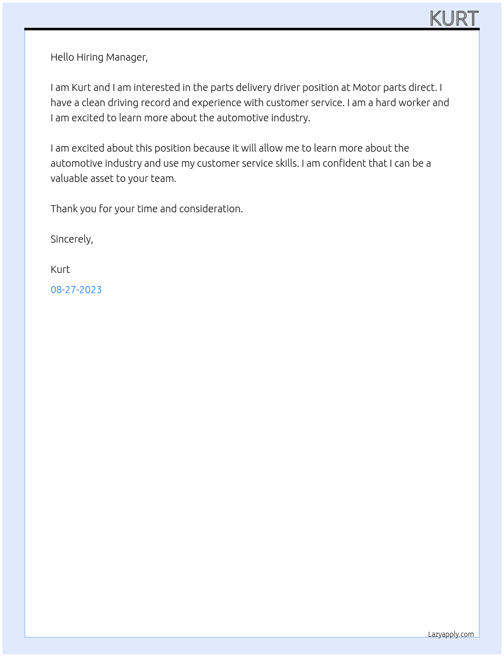 Parts delivery driver At Motor parts direct Cover Letter