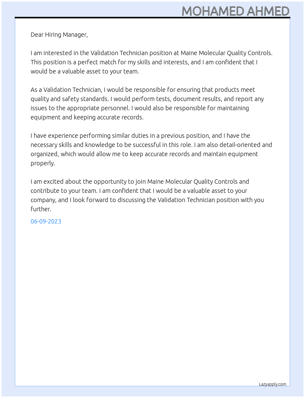 Validation Technician  At Maine Molecular Quality Controls Cover Letter