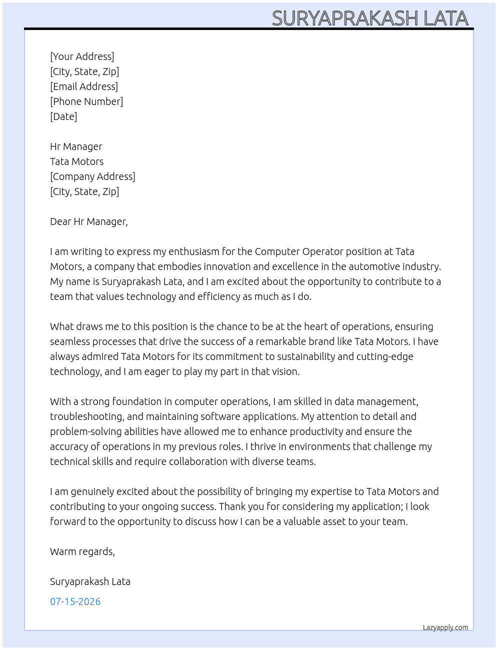 Cover letter for computer operator - LazyApply