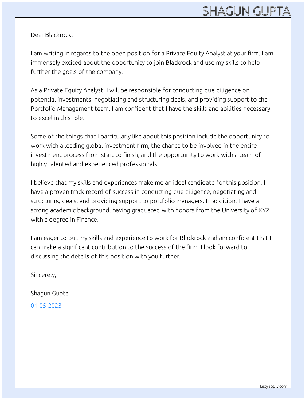 Private Equity At Blackrock Cover Letter