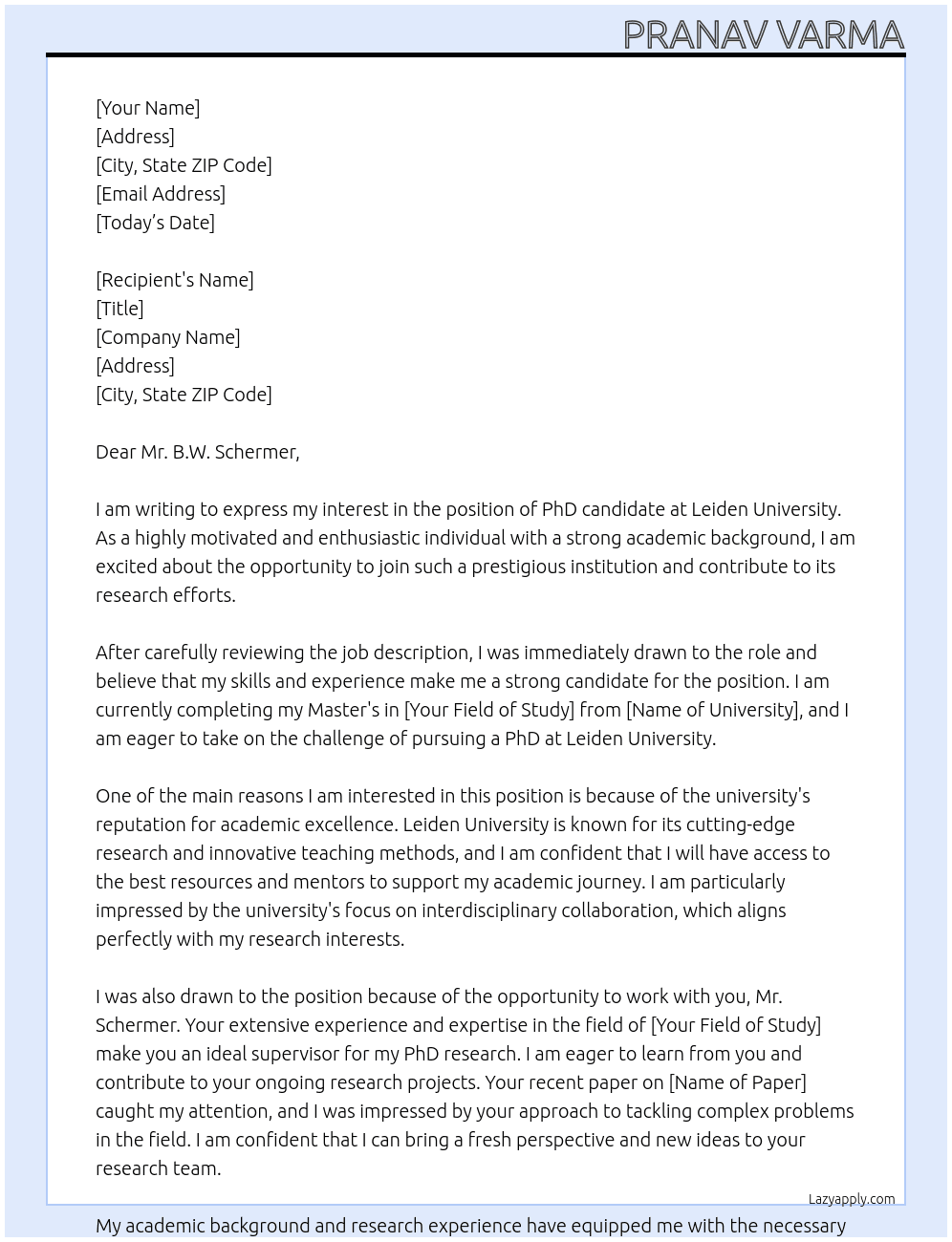 PhD candidate At Leiden University Cover Letter