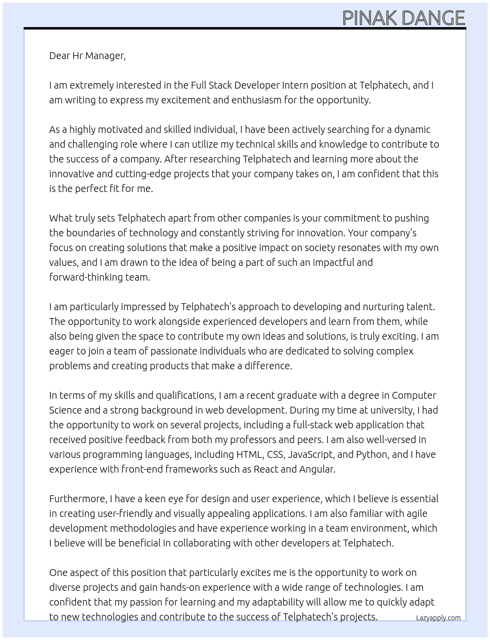 Full Stack Developer Intern At Telphatech Cover Letter