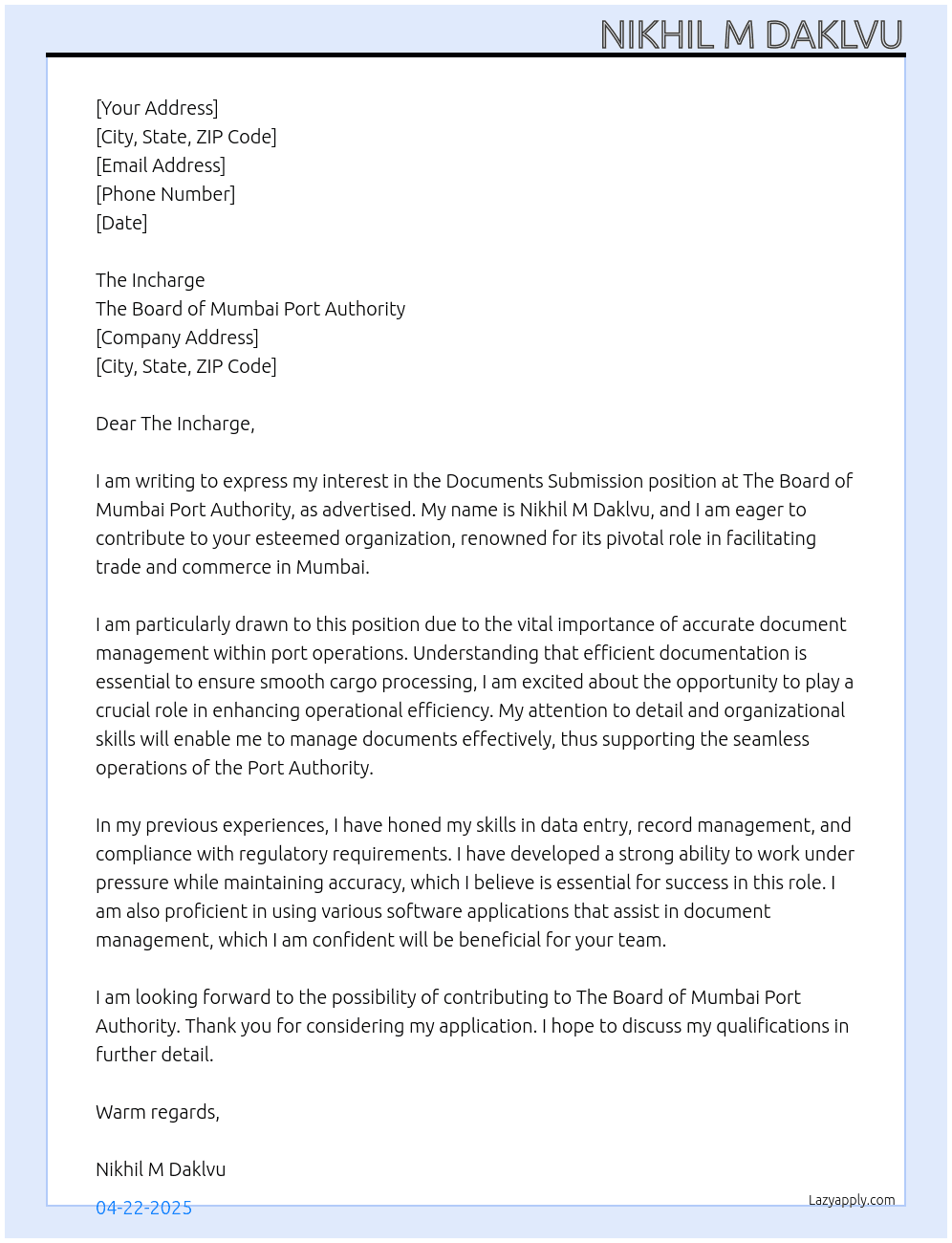Documents Submission At The Board of Mumbai Port Authority Cover Letter