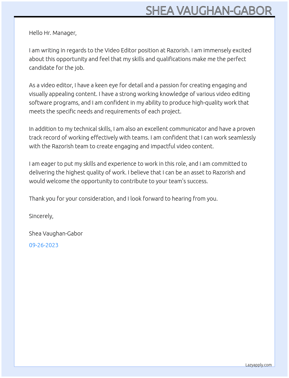 Video Editor  At Razorish  Cover Letter