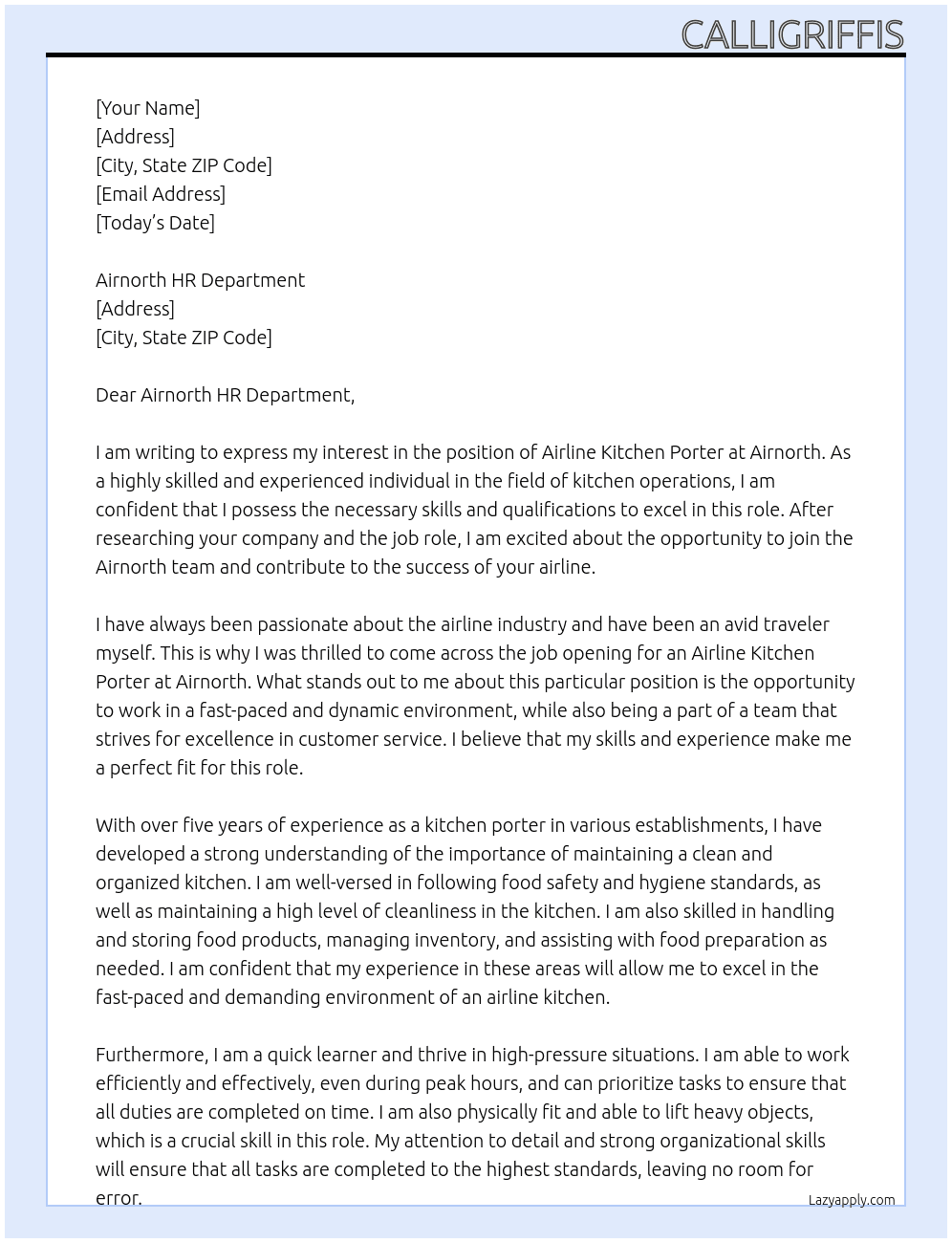 Airline kitchen porter At Air north Cover Letter