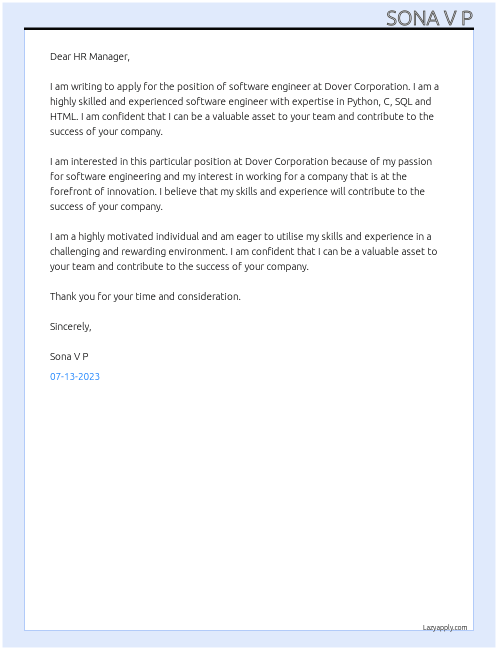 software engineer At Dover Corporation Cover Letter