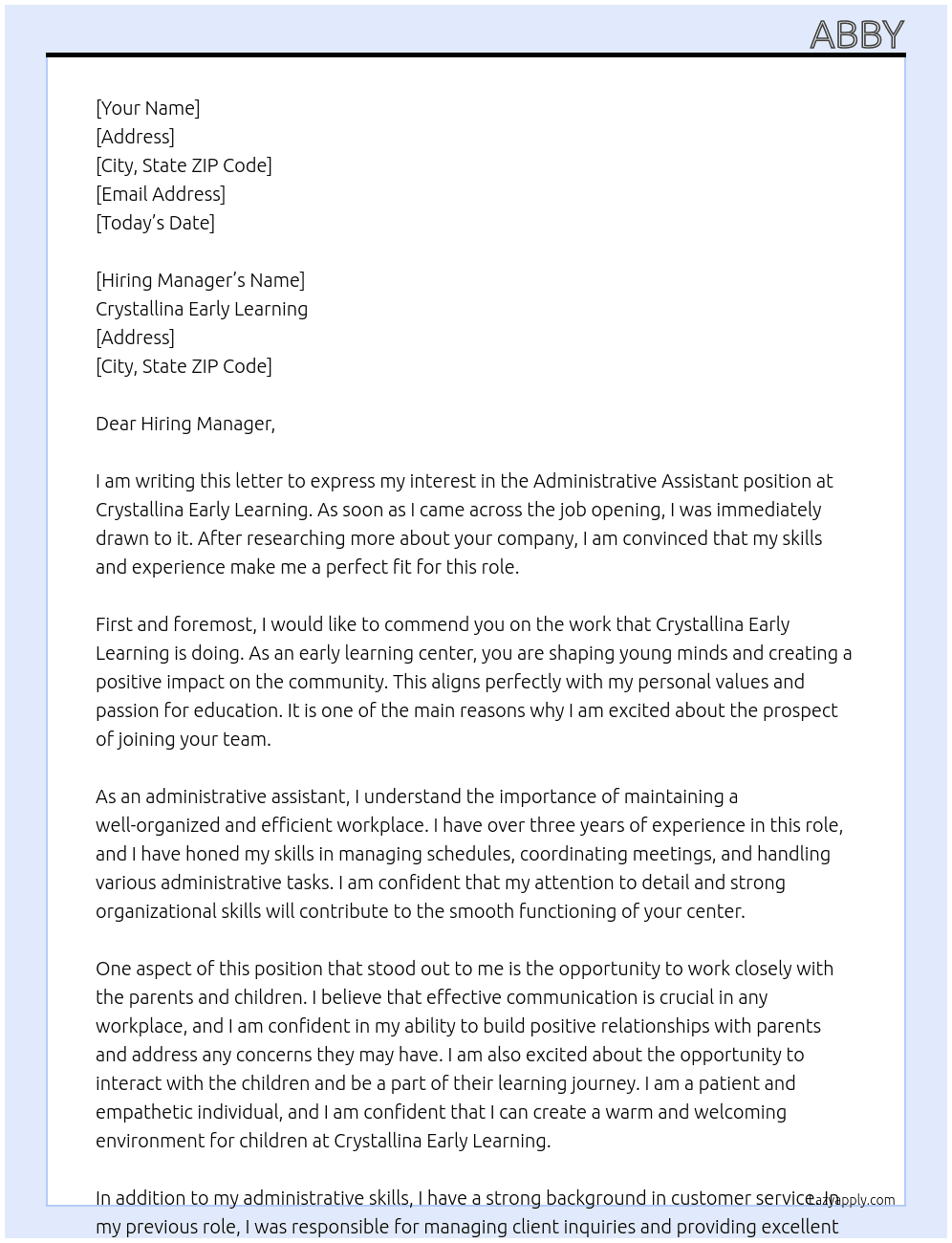 Administrative Assistant At Crystallina Early Learning Cover Letter