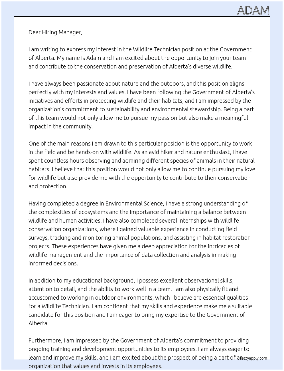 Cover letter for wildlife technician - LazyApply
