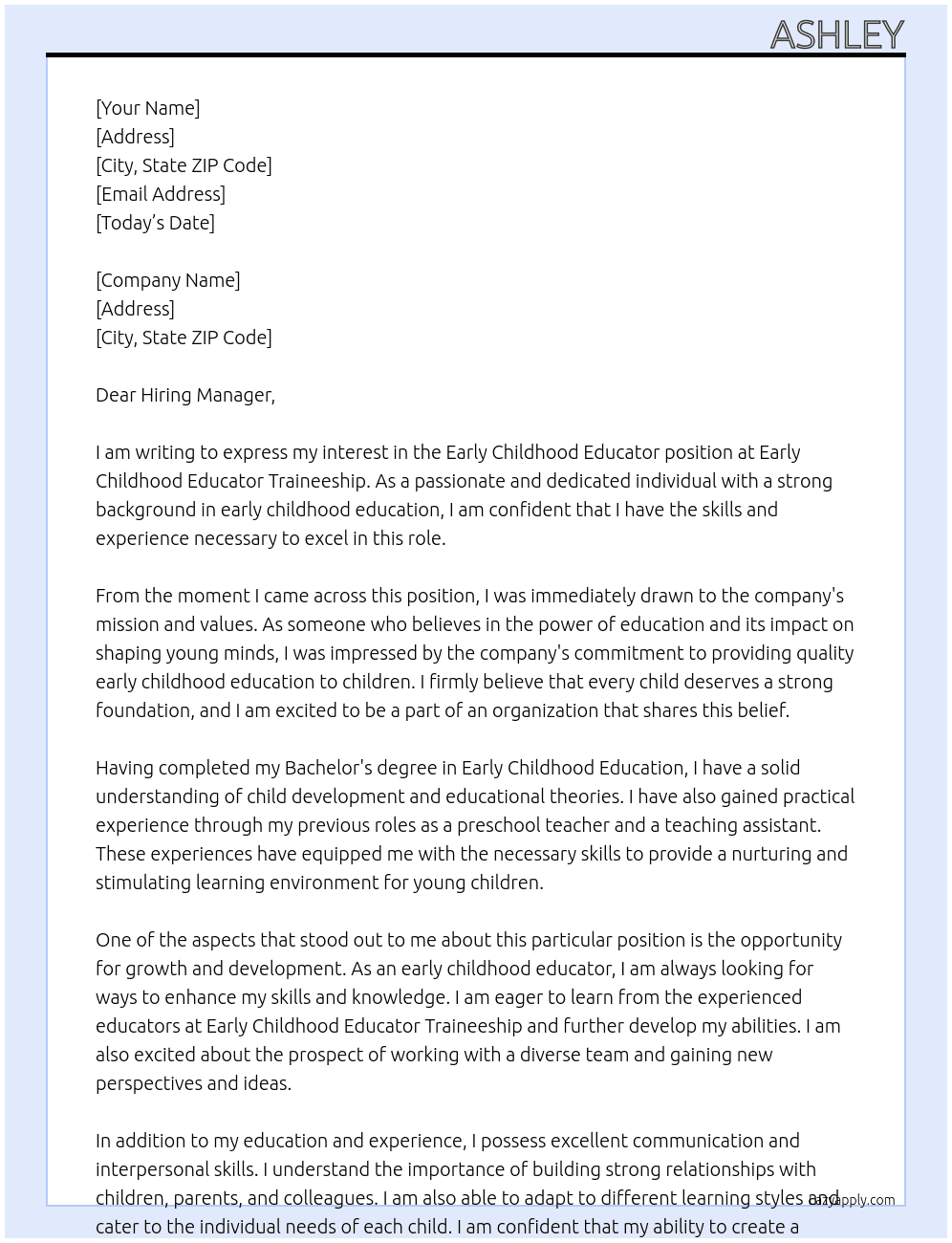 early childhood educator At early childhood educator traineeship Cover Letter