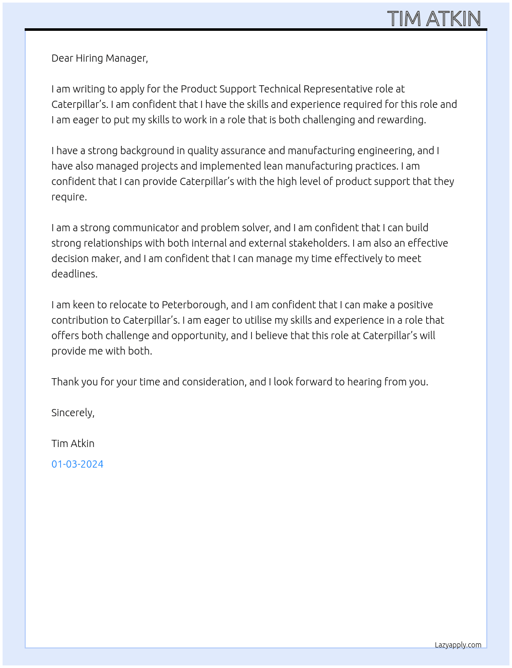 Product Support Technical Representative At Caterpillar’s Cover Letter