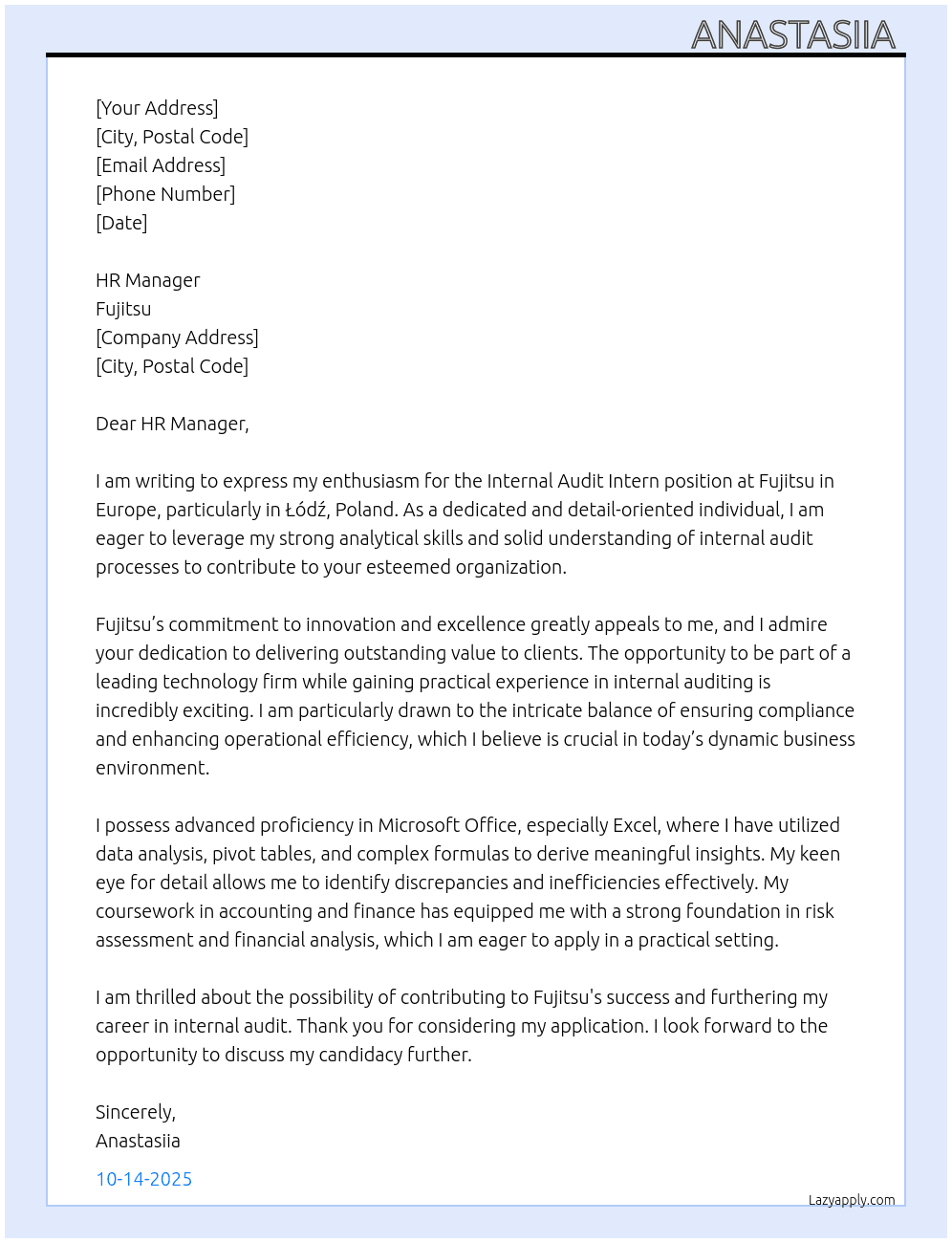 Europe - Internal Audit Intern At Fujitsu Cover Letter
