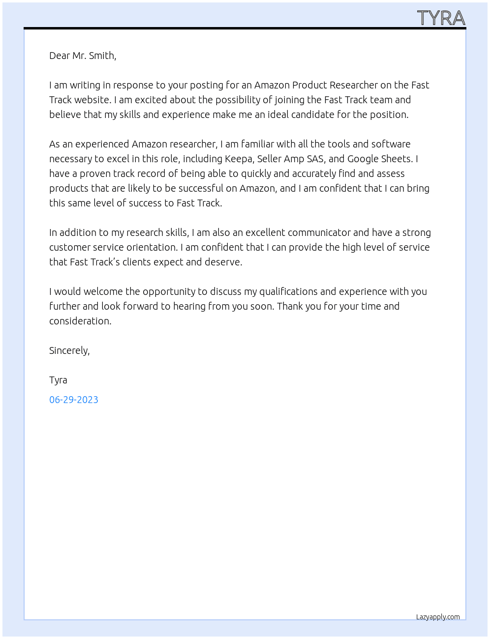 AMAZON PRODUCT RESEARCHER At Fast Track Cover Letter