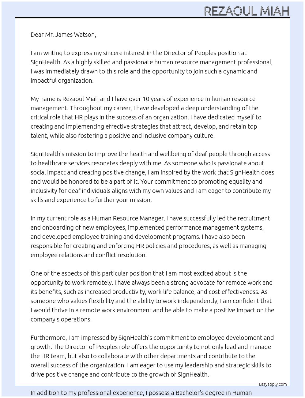 director of peoples At SignHealth Cover Letter
