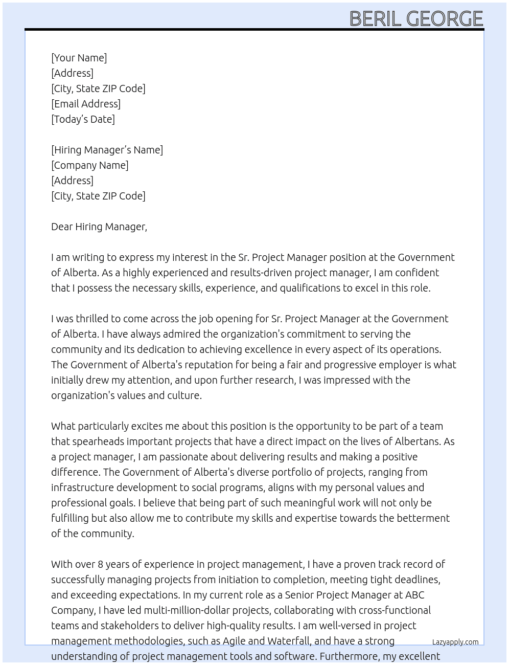 Sr. Project Manager At Government of Alberta Cover Letter
