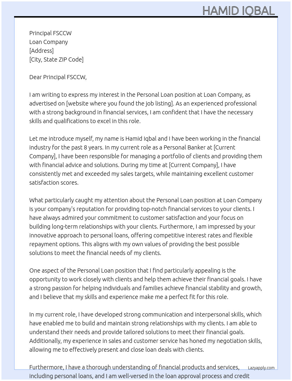 Personal loan At Loan Cover Letter