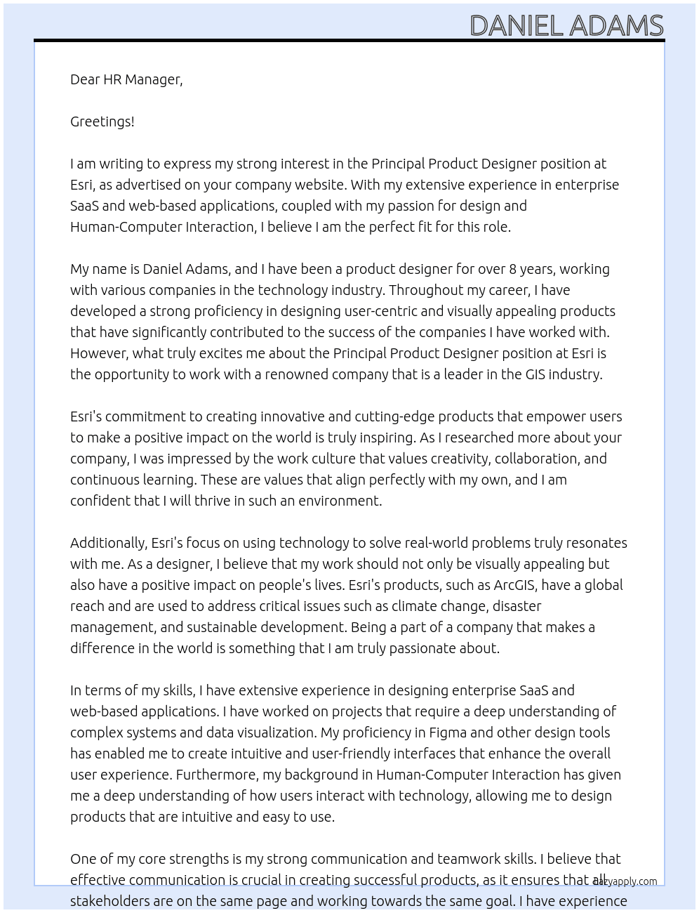 Principal Product Designer At Esri Cover Letter
