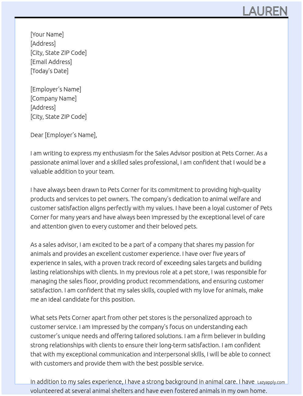 Sales advisor At Pets corner Cover Letter