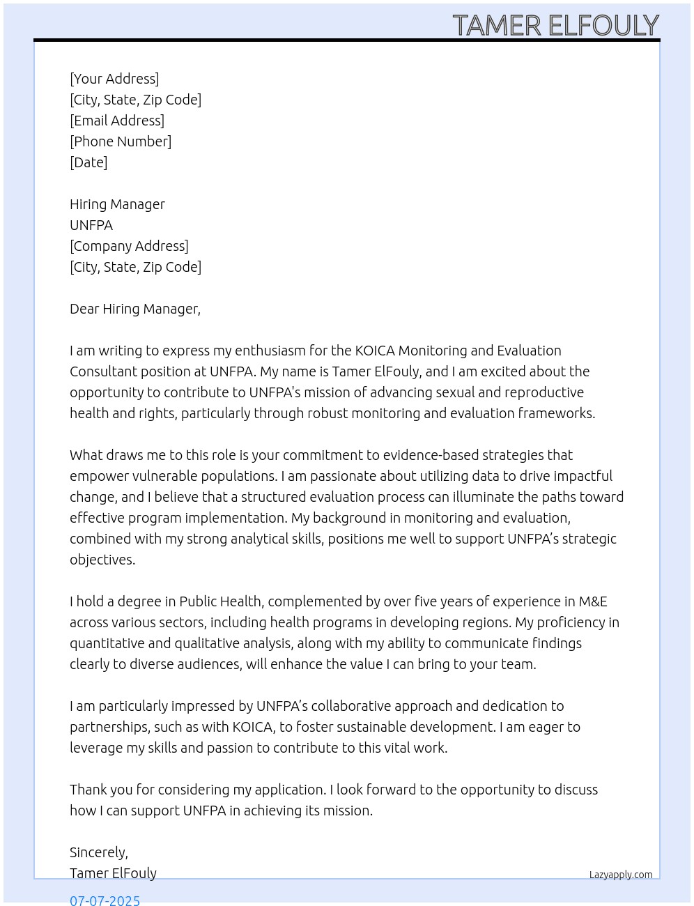 KOICA Monitoring and Evaluation Consultant At UNFPA Cover Letter