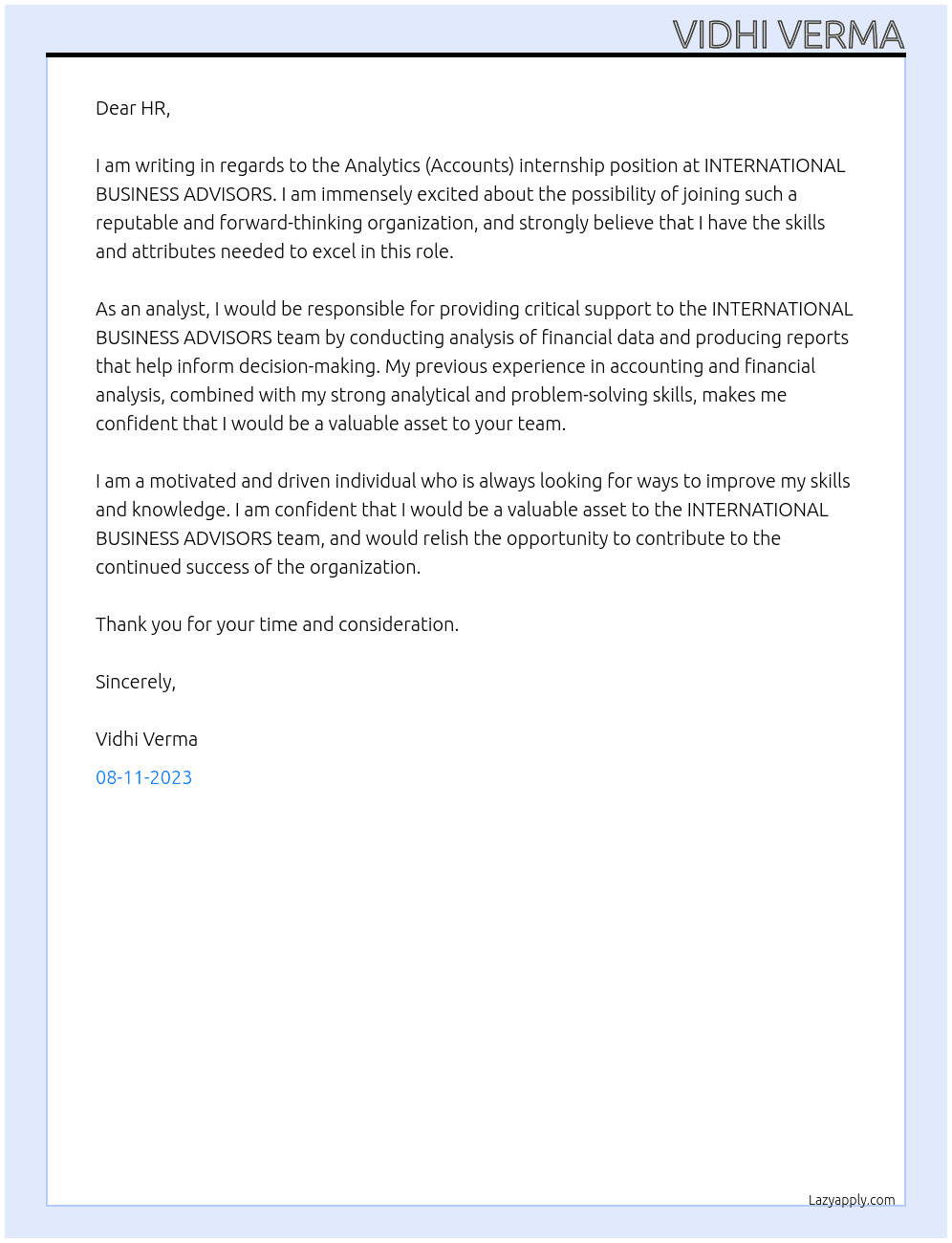 Analytics (Accounts) internship At INTERNATIONAL BUSINESS ADVISORS Cover Letter