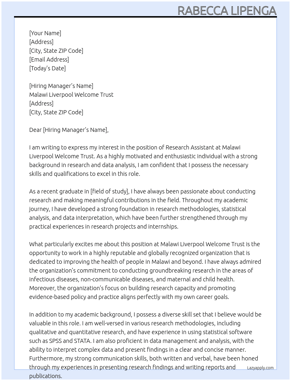 Research assistant  At Malawi Liverpool welcome trust Cover Letter